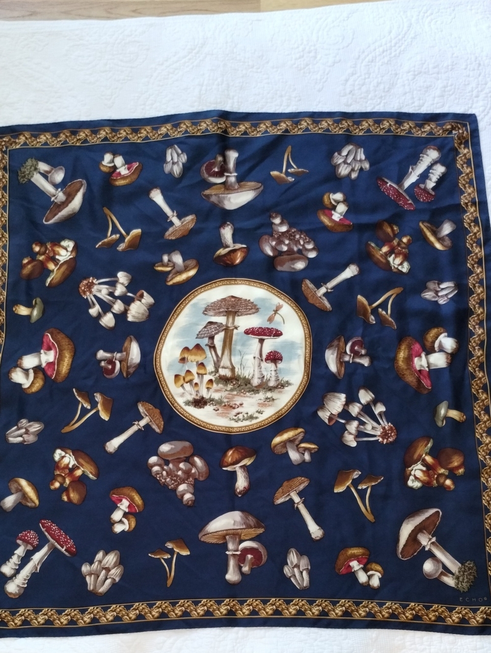 Echo Navy Blue Mushroom Print Silk Scarf